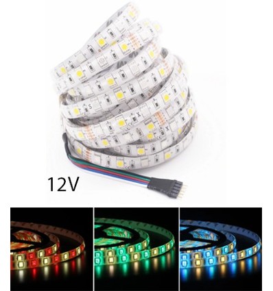 5m 12W/m RGB+WW LED-strip - 12V, IP65, 60 LED pr. meter