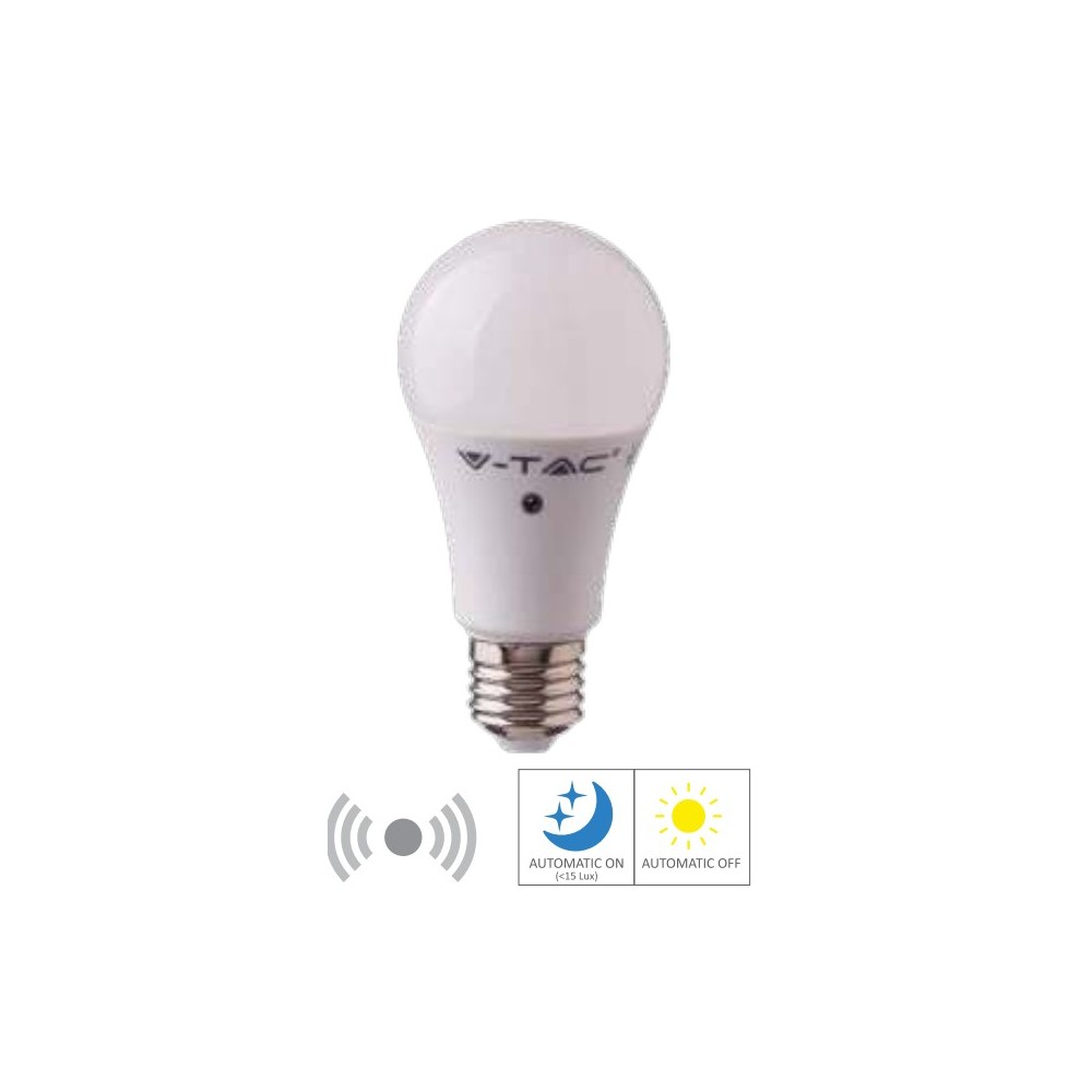 V-Tac 9W LED pære - Bevegelsessensor, 200 grader, A60, E27 - Dimbar : Ikke dimbar, Kulør : Varm