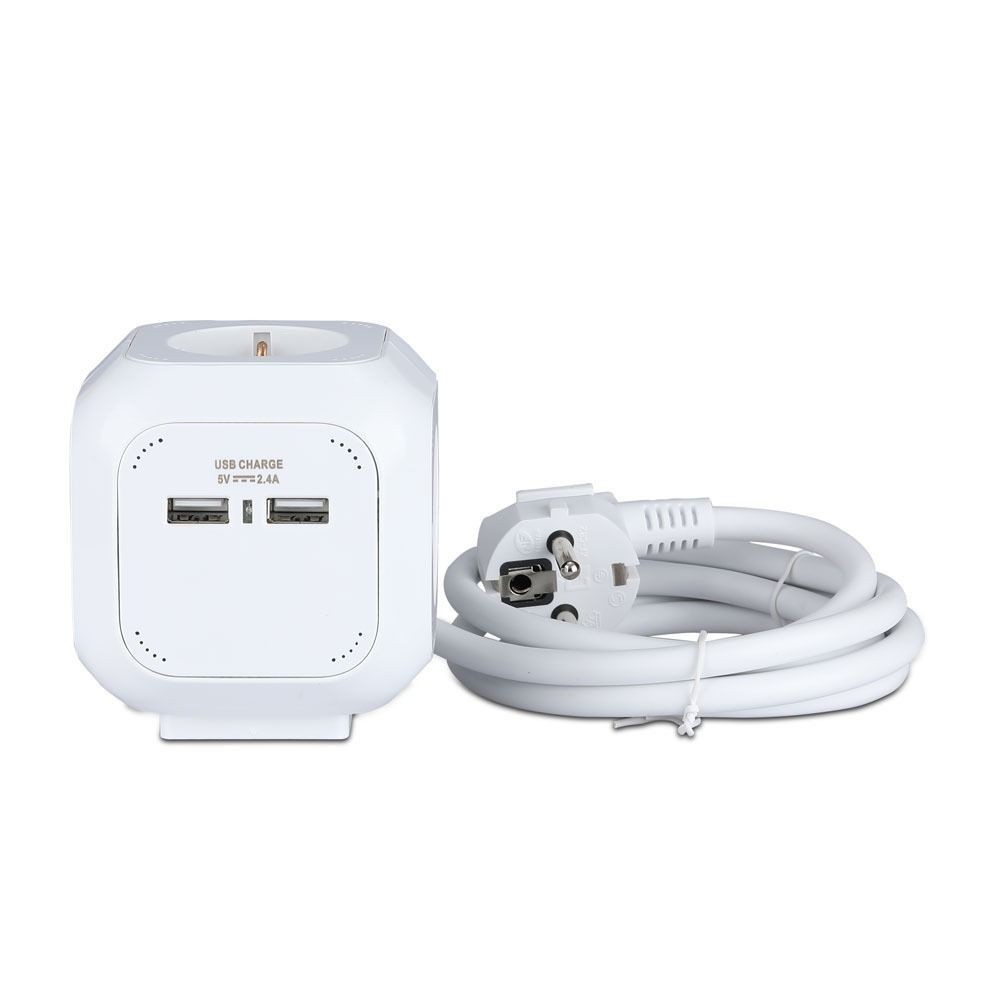 V-Tac strømstripe - Firkantet, 4 x strøm + 2 USB, 1,4 meter kabel