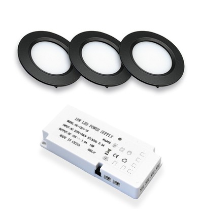 3 stk. Reco68 møbelspot - Sort, inkl. strømforsyning