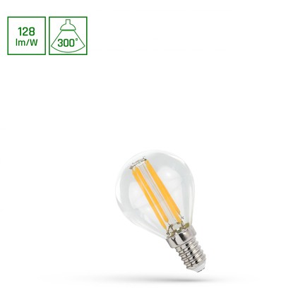 E14 5,5W LED kronepære - G45, filament, klar, 700lm, 4000K, 300° lysspredning