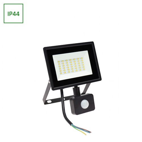 30W LED lyskaster med sensor - 2900lm, IP44, sort, kald hvit