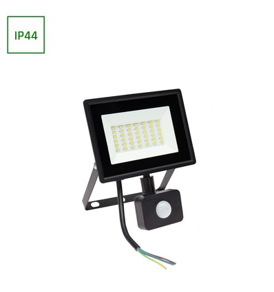 30W LED lyskaster med sensor - 2900lm, IP44, sort, kald hvit