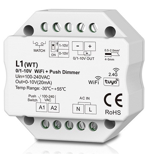 LEDlife rWave 1-10V Wifi innbyggingsdimmer - Tuya/Smart Life, RF, push-dim, LED dimmer, til innbygging