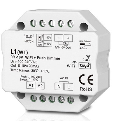 LEDlife rWave 1-10V Wifi innbyggingsdimmer - Tuya/Smart Life, RF, push-dim, LED dimmer, til innbygging