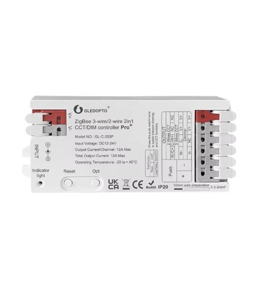 Gledopto 2-i-1 Zigbee strip-kontroller - Hue-kompatibel, 12V/24V, 12V (144W) 24V (288W), ensfarget + CCT