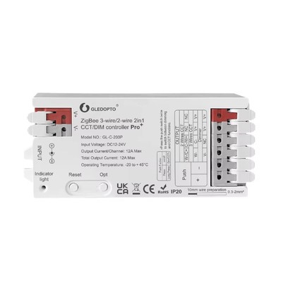 Gledopto Pro 2-i-1 Zigbee strip-kontroller - Hue-kompatibel, 12V/24V, 12V (144W) 24V (288W), ensfarget + CCT