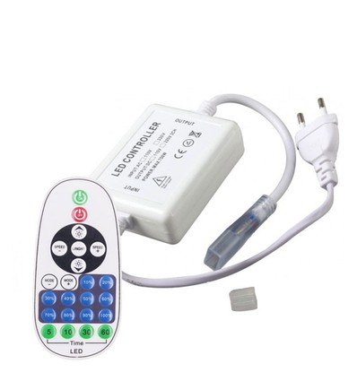 RF trådløs timer+dimmer med fjernkontroll - Inkl. endestykke, til 230V 8x16 CLIP-ON Neon Flex, minnefunksjon, maks. 50 m