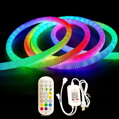 5m RGBIC Neon flex slange, komplett sett - Vevd tau, Bluetooth App, fjernkontroll, USB