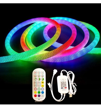 5m RGBIC Neon flex komplett sett - Vevd tau, Bluetooth App, Fjernkontroll, USB