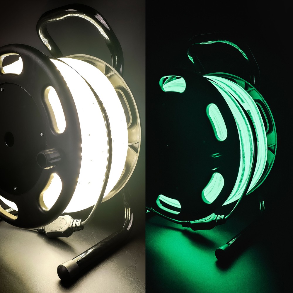 25m Selvlysende arbeidslys 230V LED stripe på trommel – IP67, 180 LED/m, 11W/m, 1000 lm/m, 4000K – Kulør : Nøytral