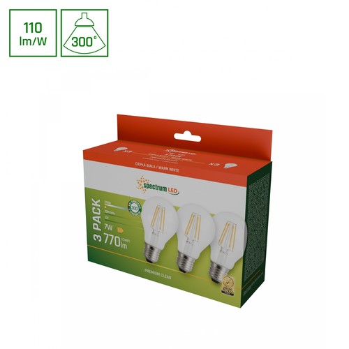 LED 7W E27 - 230V, Kulltråd, Varm Hvit, Klar, Spectrum, 3-pakning