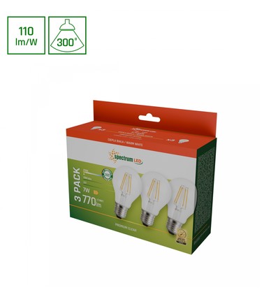 LED 7W E27 - 230V, Kulltråd, Varm Hvit, Klar, Spectrum, 3-pakning