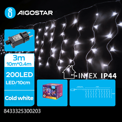 Julelys 3m LED kald hvit istapp lyskjede - 200 LED, 50 rader, timer, 8 lysprogrammer, IP44, transparent ledning