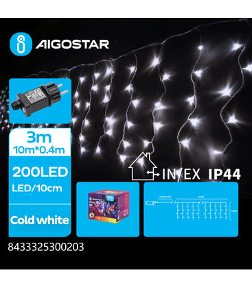 3m LED kald hvit istapp lyskjede - 200 LED, 50 rader, timer, 8 lysprogrammer, IP44, transparent ledning