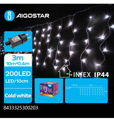 3m LED kald hvit istapp lyskjede - 200 LED, 50 rader, timer, 8 lysprogrammer, IP44, transparent ledning