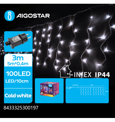 5m kald hvit LED lyskjede - 100 LED, 5x0,4m, 25 rekker, 8 lysprogrammer, IP44, transparent ledning