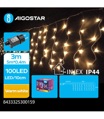 5m LED varm hvit lyskjede gardin - 100 LED, 5x0,4m, 25 rader, 8 lysprogrammer, IP44, transparent ledning