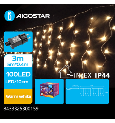 5m LED varm hvit lyskjede gardin - 100 LED, 5x0,4m, 25 rader, 8 lysprogrammer, IP44, transparent ledning