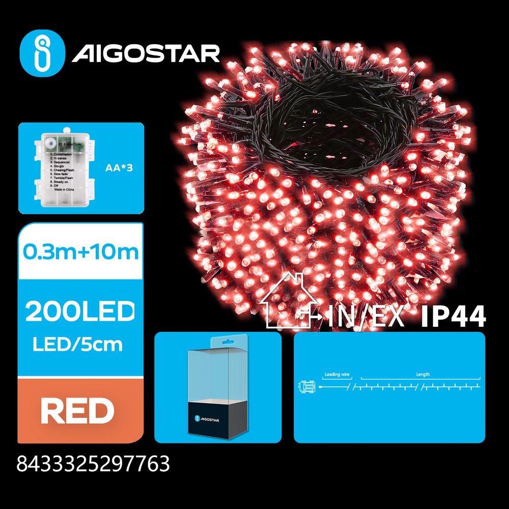 10m batteri rød LED lyslenke – 200 LED, 8 lysprogrammer, IP44, grønn/svart ledning