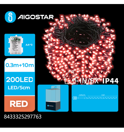 10m batteri rød LED lyslenke - 200 LED, 8 lysprogrammer, IP44, grønn/svart ledning