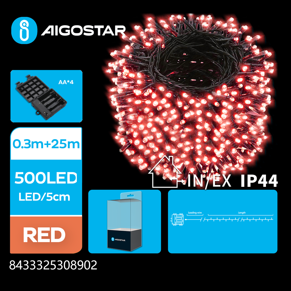 25m rød batteri LED lyskjede – 500 LED, 8 lysprogrammer, mørkegrønn ledning