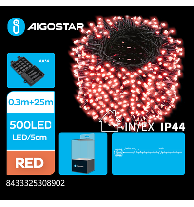 25m rød batteri LED lyskjede - 500 LED, 8 lysprogrammer, mørkegrønn ledning