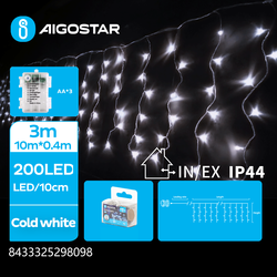  3AA Batteri Istapp Flat Lyskjede Kald Hvit - 200 LED, 50 Rekker, Transparent Ledning, 8 Blinkfunksjoner, Timer, IP44, 3M+4M