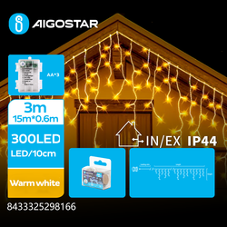 Julelys 15m varm hvit batteri istapp lyskjede - 300 LED, 75 rader, 8 lysprogrammer, IP44, transparent ledning