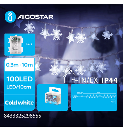 10m kald hvit batteri stjerne & snøfnugg lyskjede - 100 LED, 8 lysprogrammer, IP44, transparent ledning