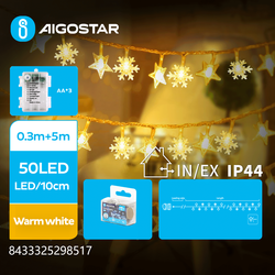 Julelys EN: 3AA Battery Star Snowflake String Lights-Warm White-0.3M+5M-50LED-10CM/LED-transparent wire-8blink+time+IP44