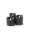 LED Blokklys Ø10cm, 3 stk, bevegelig flamme, sort melert - Inkl. fjernkontroll og timer, 10/12,5/15cm, ekte voks