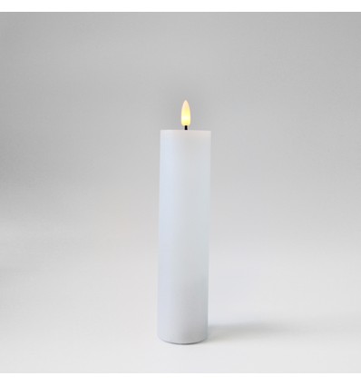 LED Blokklys 10cm høy, flammeeffekt, hvit - Ø5cm, 20cm høy, fungerer m. fjernkontroll, timer, ekte stearin