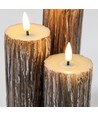 LED Tre-look blokklys 3 stk sett, smelte-look, flammeeffekt - Ø5,5cm, 10/12,5/15cm høy, Inkl fjernkontroll, ekte stearin