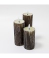 LED Tre-look blokklys 3 stk sett, smelte-look, flammeeffekt - Ø5,5cm, 10/12,5/15cm høy, Inkl fjernkontroll, ekte stearin