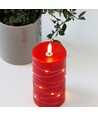 LED Blokklys med lyskjede, 15cm høy, flammeeffekt - Ø7,5cm, virker m. fjernkontroll, ekte stearin, rød
