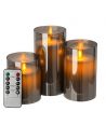 LED blokklys i røykfarget glass Ø7,5cm, 3 stk, vippende flamme