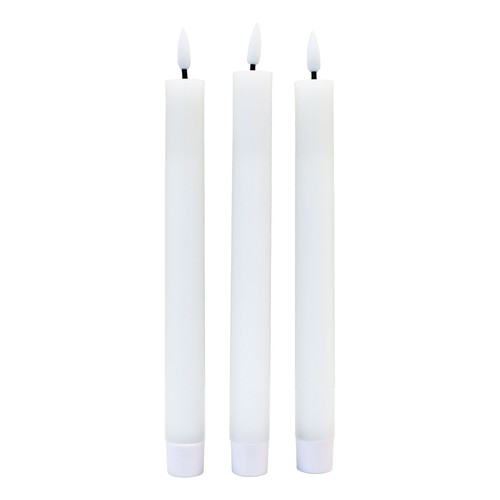 3-pakning hvite LED stearinlys, flammeeffekt - Ø2,2cm, Høyde: 24,5cm, stagelys, inkl. fjernkontroll, timer, batteri