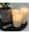 Sett med 3 stk. LED-kubbelys - flammeeffekt, hvit - Ø7,5cm, 10/12,5/15cm høy, fungerer m. fjernkontroll, timer, ekte stearin