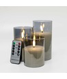 LED blokklys i gråtonet glass Ø7,5cm, 3 stk, flammeeffekt