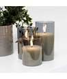 LED Blokklys sett i gråtonet glass Ø7,5cm, 3 stk - Inkl. fjernkontroll og timer, 10/12,5/15cm, ekte voks