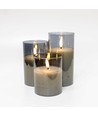LED blokklys i gråtonet glass Ø7,5cm, 3 stk, flammeeffekt