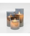LED Blokklys sett i røykfarget glass Ø7,5cm, 3 stk - Inkl. fjernkontroll og timer, 10/12,5/15cm, ekte voks