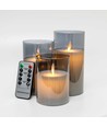 LED Blokklys sett i røykfarget glass Ø7,5cm, 3 stk - Inkl. fjernkontroll og timer, 10/12,5/15cm, ekte voks