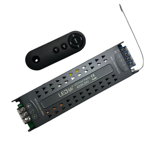 400W / 24V DC dimbar strømforsyning - 16.6A, IP20 innendørs, med fjernkontroll