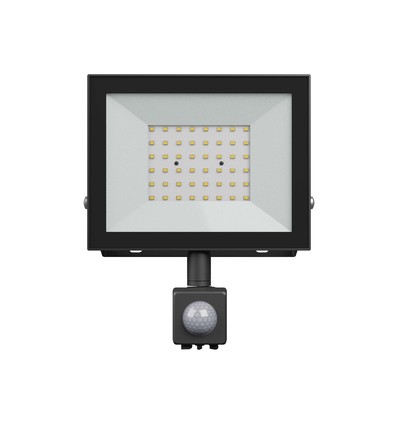 Noctis Lux lyskaster 50W - kald hvit, 230V, IP44, 176x221x53mm, svart, PIR sensor.