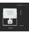 30W LED flomlys med sensor, Samsung LED - IP65, hvit, 3000K