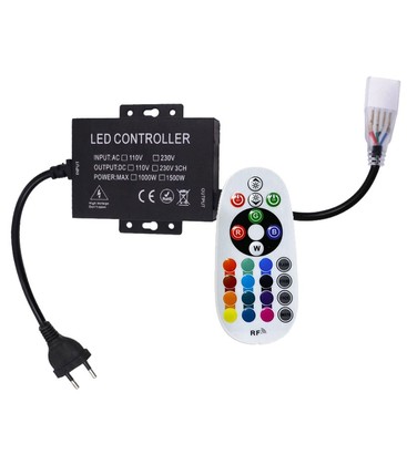 RGB 8x16 Neon flex kontroller med fjernkontroll - Inkl. endestykke, 230V, minnefunksjon, RF trådløs, max 100 m.
