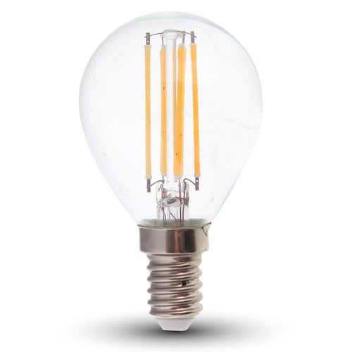 E14 6W LED kronepære - P45, filament, klart glass