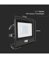 30W LED lyskaster med PIR sensor - Samsung LED chip, IP65, sort, 1m kabel, utendørs